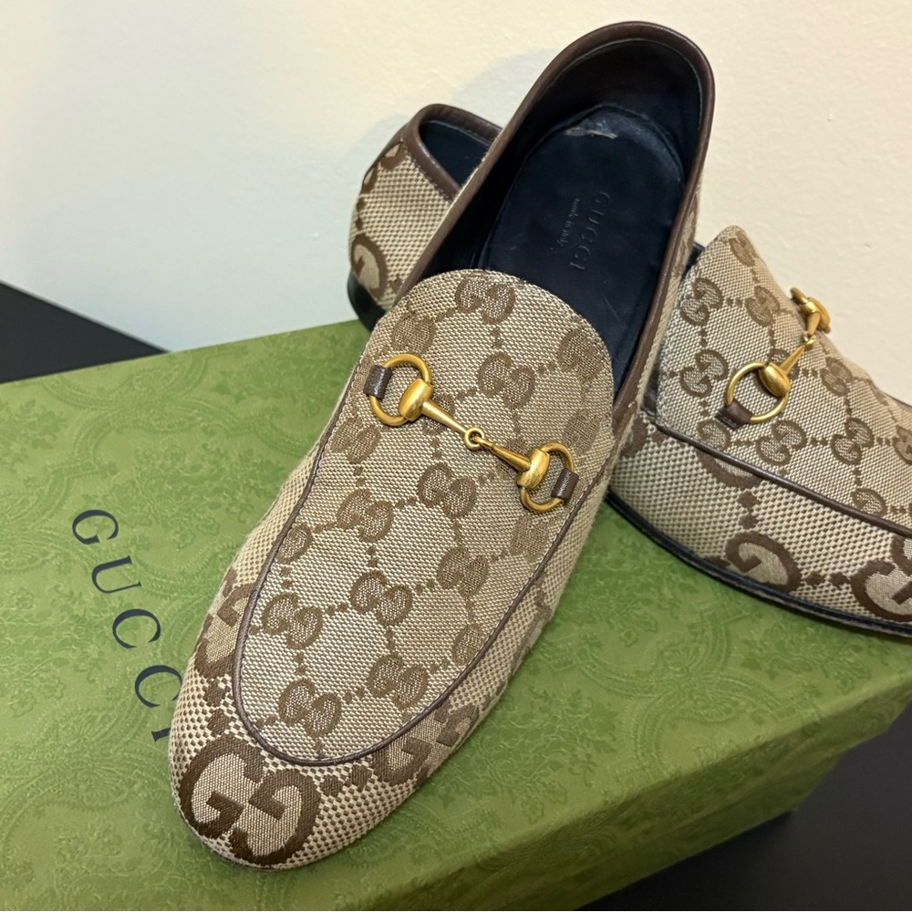 Gucci Beige/Brown GG Canvas Horsebit Slip-On Loafers